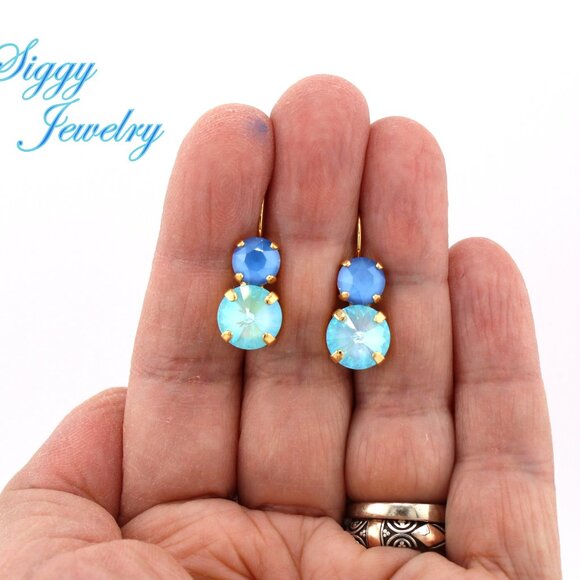 Aqua Allure Double Drop Crystal Earrings in Gold Plated Lever Back Settings - Picture 5 of 7